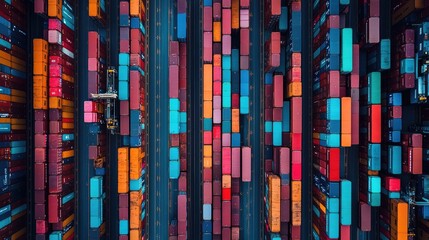 Overhead shot of shipping containers in various colors arranged neatly at a port, global trade.