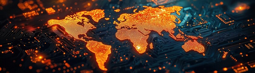 A vibrant digital world map illuminated with orange lights, symbolizing global connectivity and technology.