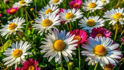 Fototapeta premium Vibrant white daisy flowers with yellow centers and delicate petals bloom abundantly on a lush green meadow background, evoking a sense of serene natural beauty.