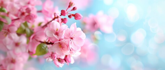 Fototapeta premium A pink flower, tightly framed, atop a branch against a softly blurred backdrop of blue sky