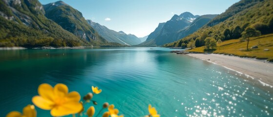 Fototapeta premium A foreground of yellow flowers overlying a body of water, with a mountain range and a secondary body of water behind