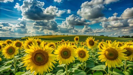 Fototapeta premium Vibrant yellow sunflowers stretch towards a brilliant blue sky with puffy white clouds on a warm and serene summer day in a lush green field.
