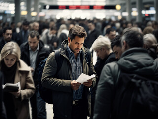 Fototapeta premium a man stands among people in the subway or airport and reads, looking for the direction of the gate
