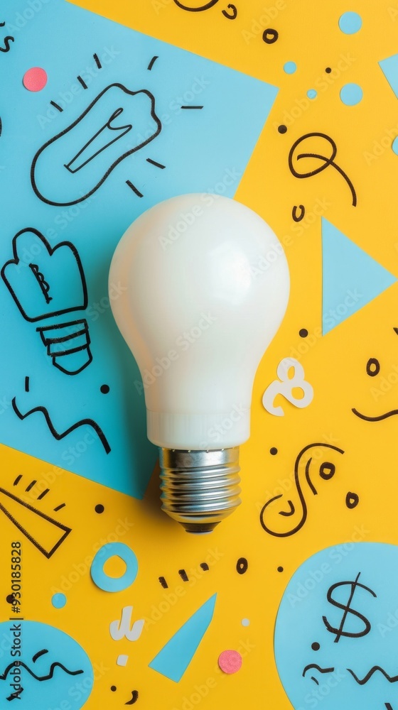 Aufkleber A white light bulb sits prominently on a colorful background filled with various doodles and abstract designs, creating an energetic visual composition