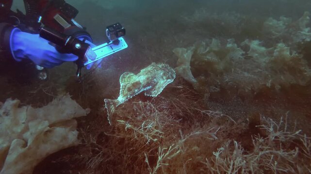 Scuba diver filming with action camera Monk fish swimming over algae, slow motion, Monkfish or Angler fish (Lophius piscatorius)