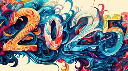 Colorful swirls celebrate the arrival of the year 2025 in an artistic display of vibrant hues and dynamic shapes