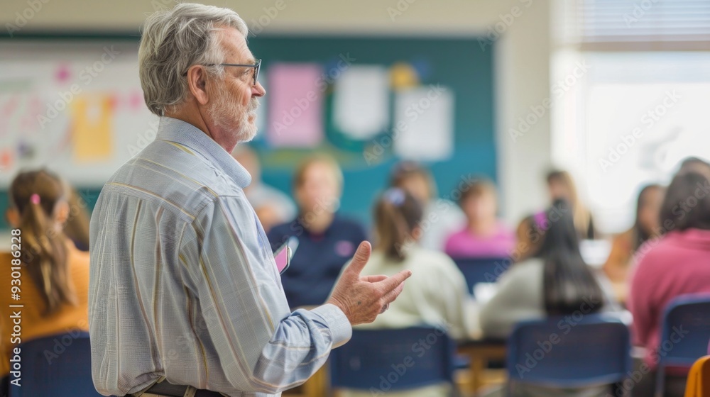 Poster a teacher facilitates a discussion in front of attentive adult students in a classroom setting, fost