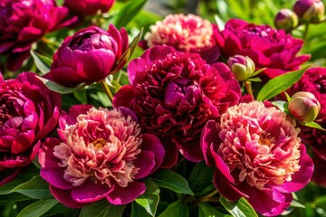 Fototapeta premium Vibrant magenta pink and burgundy peony flowers fill the frame in a stunning close-up, perfect for luxury celebrations, spring and summer weddings, and festive designs.