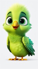 Fototapeta premium A cheerful green bird with big eyes stands playfully against a soft background, embodying the joy of imagination in a whimsical setting