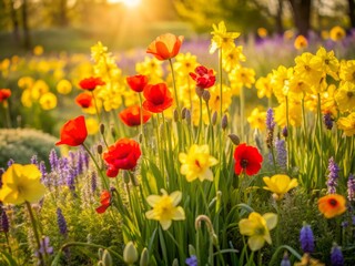 Obraz premium Vibrant blooms of red poppies, yellow daffodils, and lavender fill a lush, tranquil English garden, basking in the warm, golden light of a sunny afternoon.