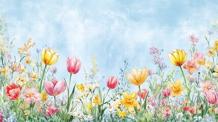 Obraz premium A vibrant illustration of a colorful flower garden against a blue sky background.