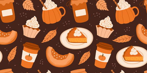 Autumn pattern with pumpkin pie, food, leaves, coffee