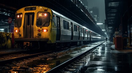 Naklejka premium Commuter train at metro railway station at night. Neural network ai generated art