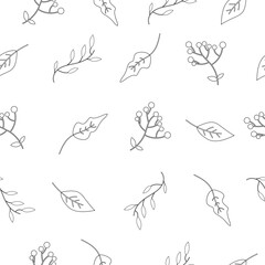 Vector autumn leaves seamless pattern. Black and white illustration