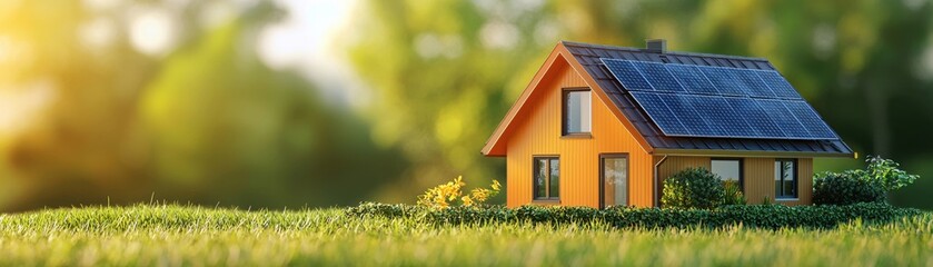 Fototapeta premium A vibrant orange house with solar panels, nestled in lush green grass, symbolizing sustainable living and modern architecture.