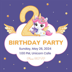 Birthday party invitation template with cute unicorn with golden horn and wings. Vector illustration in flat cartoon style