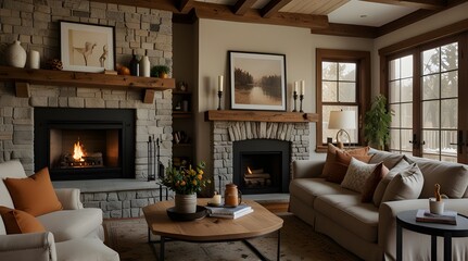 fireplace with christmas decorations in a cozy warm forest wooden.generative.ai