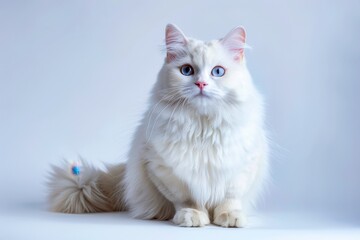 A fluffy cat with striking blue eyes lounging on a soft surface in a well-lit indoor space
