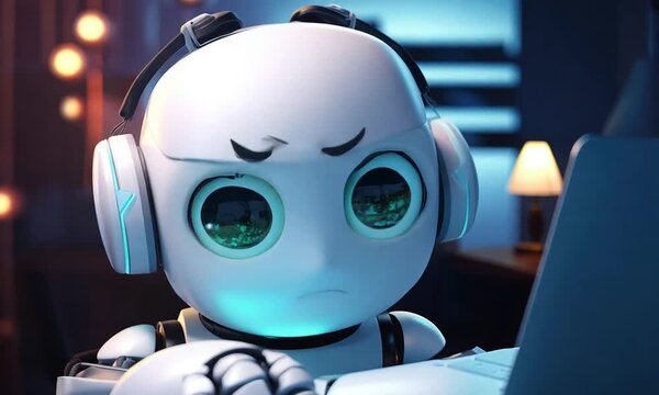 angry annoyed robot works on the computer in office