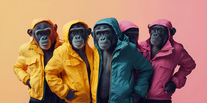 A group of anthropomorphized monkeys wearing colorful suits and sunglasses on colorful background.
