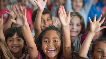 Excited schoolchildren eagerly raise their hands while participating in a classroom activity, showcasing their enthusiasm for learning