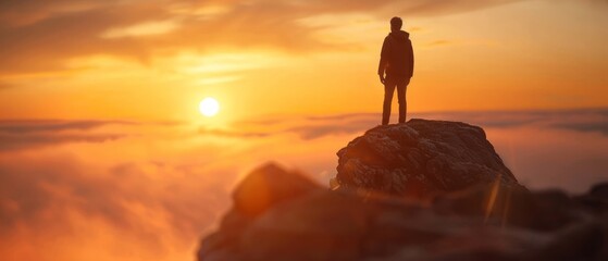  Man atop mountain, sun setting, sky ablaze, clouds backdrop