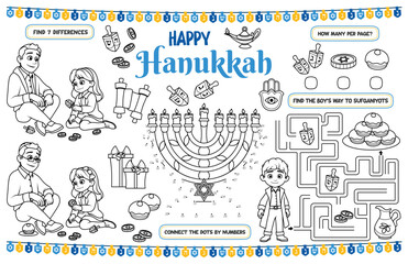 Festive placemat for children. Printable activity sheet "Happy Hanukkah" with a labyrinth, connect the dots, and a coloring page. 17x11 inch printable vector file