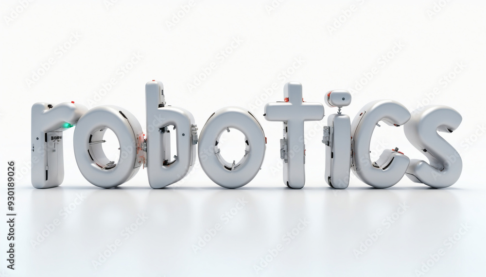 Poster the word robotics in 3d letters on a white background with a sleek and modern appearance.