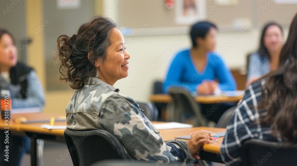 Poster a teacher interacts with adult students in a classroom, promoting an engaging and supportive learnin