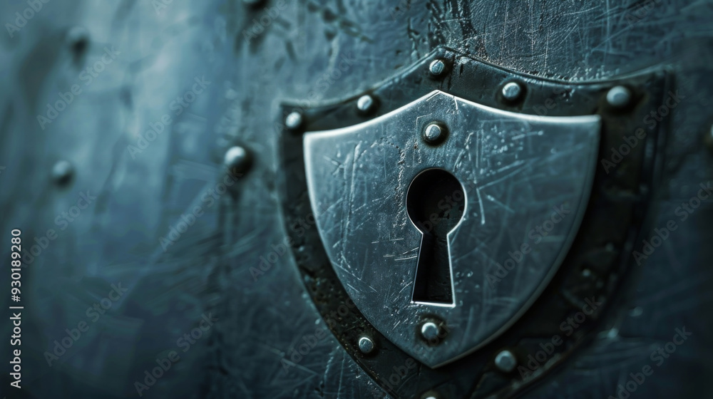 Poster close-up of a gray padlock in the form of a shield symbolizing security and confidentiality. technol