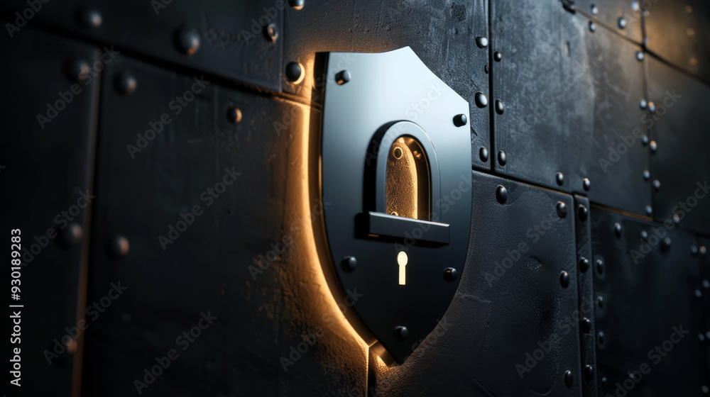 Poster close-up of a gray padlock in the form of a shield symbolizing security and confidentiality. technol