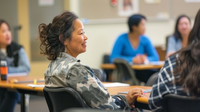 A teacher interacts with adult students in a classroom, promoting an engaging and supportive learning environment