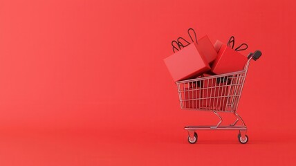 A shopping cart filled with vibrant red gifts on a bold red background, symbolizing shopping and celebration., Black Friday 3D illustration