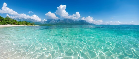 Obraz premium A mid-sized body of water features a sandy beach dividing it in two In the background, mountains rise with cloud-dotted skies above