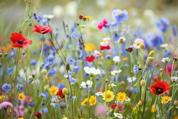 Naklejka premium A field of wildflowers in full bloom, with a mix of colors and types creating a vibrant, natural tapestry