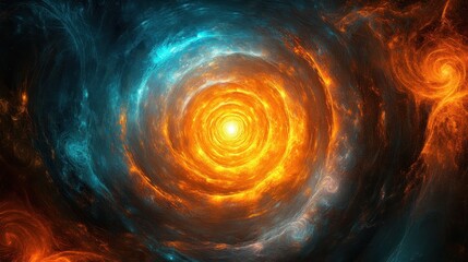 Obraz premium A powerful cosmic spiral with a glowing fiery center, blending vibrant orange and blue energy in a dynamic, abstract scene.