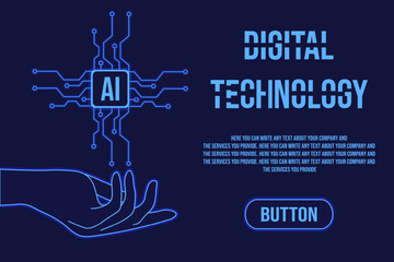 Web banner template design with computer Chip in trendy neon effect. Digital technology background with blank space. Vector illustration.