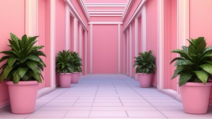 A vibrant hallway featuring stylish pink walls and lush plants in decorative pots, creating a lively and inviting atmosphere., Black Friday 3D illustration