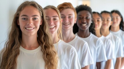 Fototapeta premium Diverse Multiracial Group of Smiling Teenagers In White T-Shirts Lined Up in Natural Light Setting. Generative ai