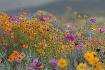 Naklejka premium A field of wildflowers in full bloom, with a mix of colors and types creating a vibrant, natural tapestry