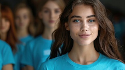 Group of Young Women Volunteers Smiling in Blue T-Shirts - Community Support and Teamwork. Generative ai