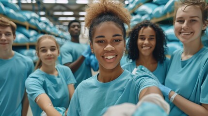 Diverse Multiracial Group of Volunteers in Warehouse Setting, Smiling and Promoting Community Service. Generative ai
