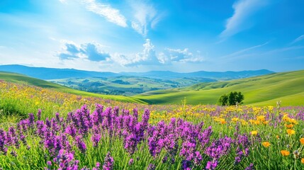 Fototapeta premium A vibrant landscape featuring colorful wildflowers under a clear blue sky.