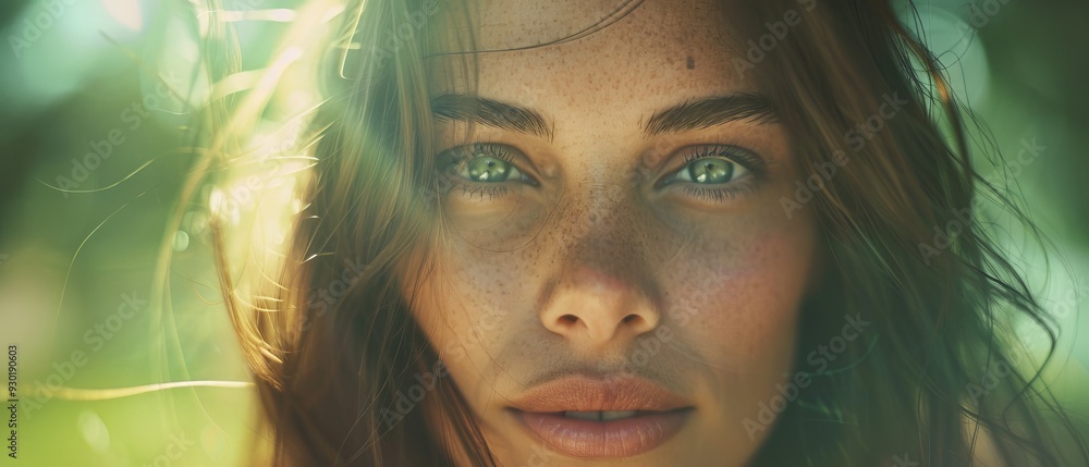 Wall mural a close-up of a woman's face with freckled skin and expressive freckled eyes