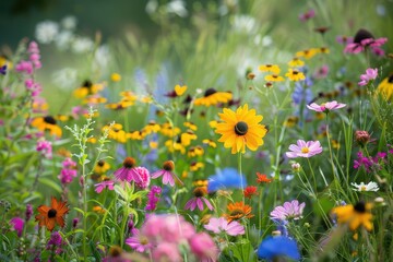 Obraz premium A field of wildflowers in full bloom, with a mix of colors and types creating a vibrant, natural tapestry