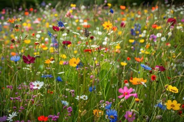 A field of wildflowers in full bloom, with a mix of colors and types creating a vibrant, natural tapestry