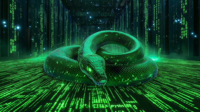 A green snake slithers through a digital world of glowing green code.