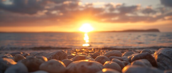 Obraz premium A collection of rocks crowning a sandy shore, where a body of water meets the sunset's radiant backdrop
