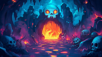 Obraz premium Fiery cave entrance with a skull-like archway, surrounded by skulls and glowing embers.