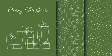 Minimalist Christmas card and seamless patterns with gifts and snowflakes. Hand-drawn in doodle style.